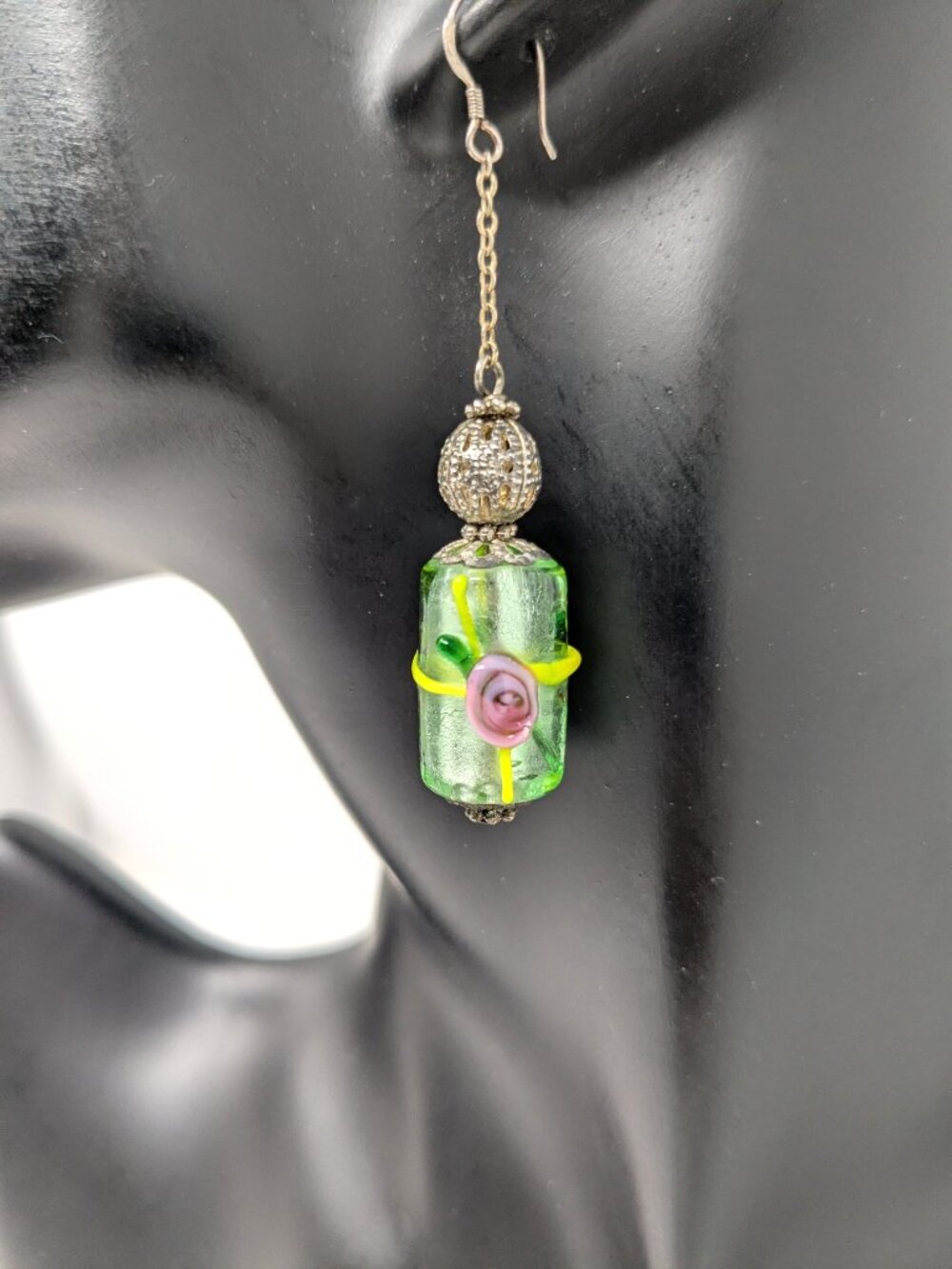 Lampwork Art Glass Dangle Earrings Green Bead Pink Floral 926 Sterling Hook